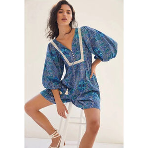 Anthropologie Lissa Paisley Boho Printed Shorts Romper Large Floral Peasant Lace